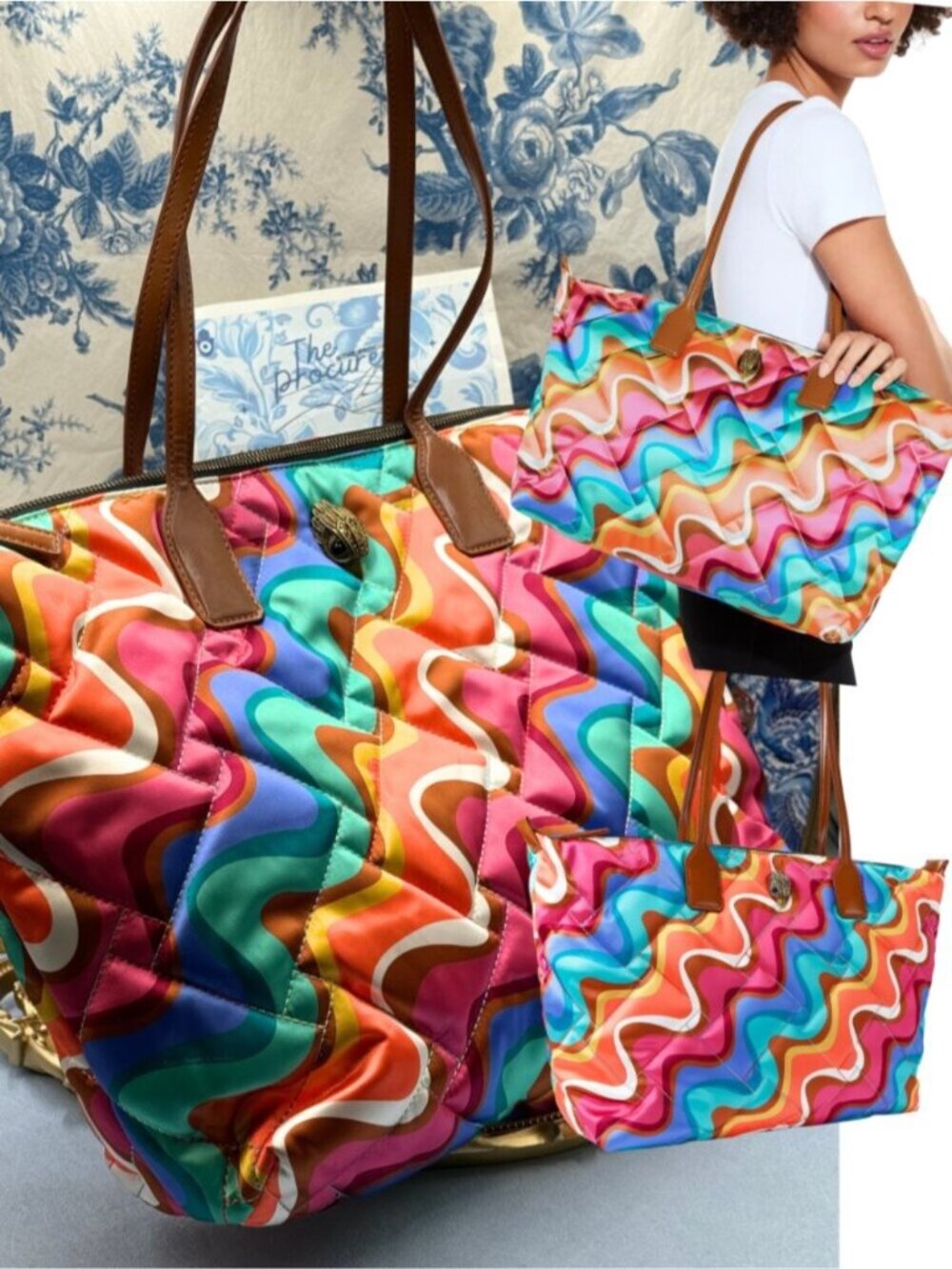 🆕 KURT GEIGER LONDON 🧿 NWOT Large Recycled Nylon Shopper Tote, Rainbow Swirl